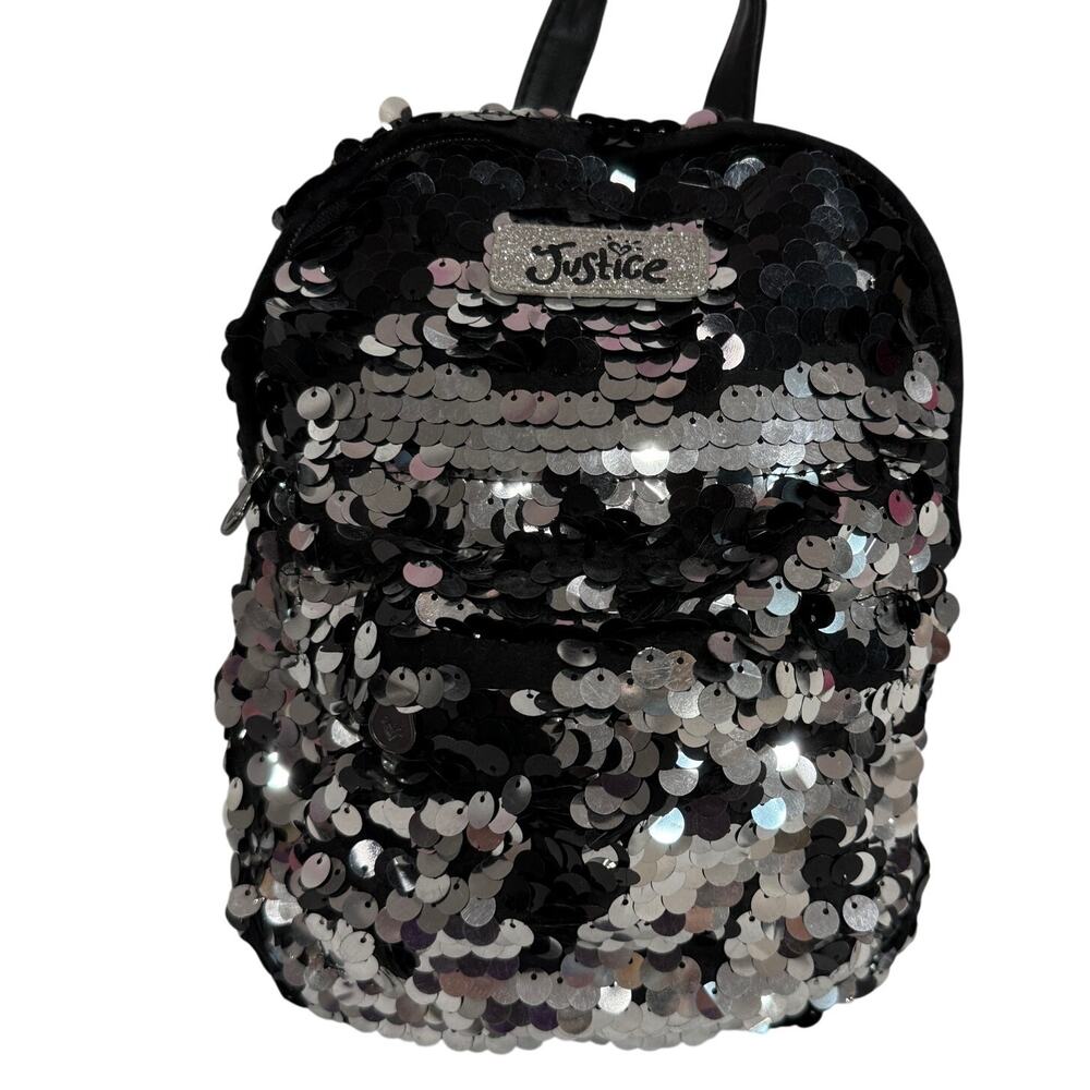 Y2K Justice Sequin Mini Backpack Black Silver Reversible Sparkle Rave Glam Purse